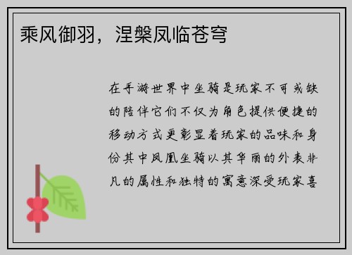 乘风御羽，涅槃凤临苍穹